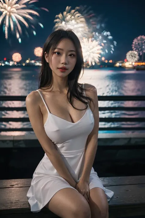 1girl, sitting, window, idol, close-up, face, rimlight, night, photo, film, depth of field, parted lips, large breasts, fireworks, dress, water, sea, pier, front,skinny,