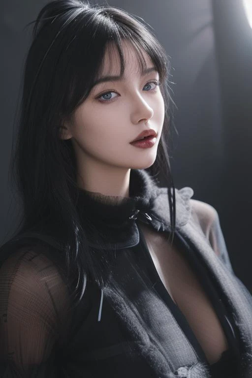 plump woman,night sky with full moon background,(focus on upper body and face:1.3),smile,(black lipstick),black eyeshadow,((detailed eyes, bright light blue eyes)),pale skin,sweaty skin,flawless skin,looking at viewer,confident,long wavy hair,((gradient hair, coal black and blood red hair)),messy hair,bangs,massive breasts,saggy breasts,cleavage,((black animal fur clothing, translucent mesh)),((high neck Elizabethan collar)),, (((masterpiece))),(((best quality))),((ultra-detailed)),(illustration),(detailed light),((an extremely delicate and beautiful)),dramatic_shadow,ray_tracing,{an extremely delicate and beautiful girl},8k wallpaper,{{{masterpiece}}},