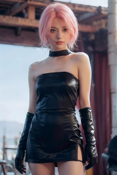 young woman, short shoulder-length pink hair, wide forehead, porcelain skin, pink eyebrows, big emerald green eyes, buttoned nose, full lips, heart-shaped face, slender body, small breasts, red tank top, Sakura Haruno , realistic, realism, details, 3d, well detailed
