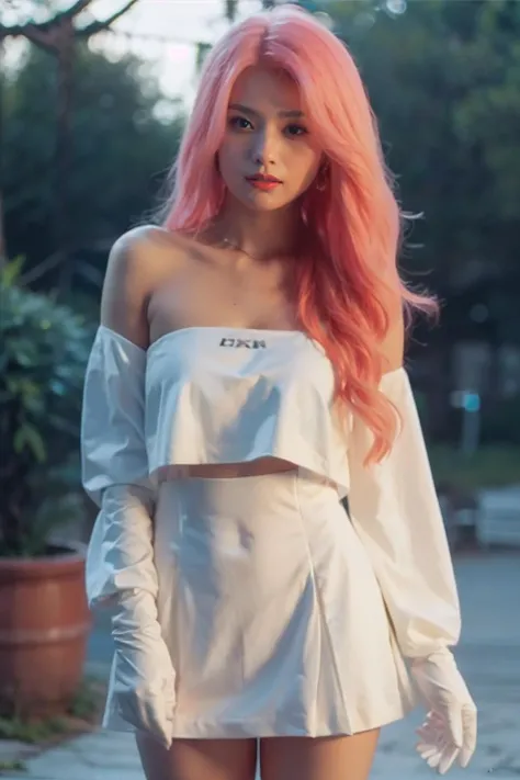1 girl, Korean model, extremely beautiful, perfect body. Photo taken with Canon EOS R5 85mm f/11 Camera, ((sharp)) mode of people and surrounding scenery. Image quality ((8K)), ((lifelike)), ((masterpiece)), ((sharp and highest contrast)), ((great depth of field)), ((light stereolithography)). ((Pink hair)), long and smooth, the wind blows it beautifully under the bright sunlight. Beautiful face, perfect and sexy, holy, perfectly balanced, ((beautiful in every detail)), ((shiny)), ((high-end cosmetic makeup)), ((shiny bright, radiant)). Bright smile, pure white teeth and details. Seductive glossy red lips, ((brilliant glossy red lipstick)). The eyes are brown, glossy, seductive, ((sharp makeup)), realistic, ((wet eyes)) and detailed. Pink eyeshadow, long eyelashes, blush, high-end cosmetics. Two delicate eyelids, perfectly beautiful and detailed, black eyelashes. Eyebrows are curved, sparse, sharp and detailed. High and detailed nose. Cheeks are prominent and detailed. ((Ivory white, bright white skin)), detailed pores, ((shiny skin)), smooth, rosy, flawless skin texture. Long, shiny legs. Beautiful, perfect hands, ((no flaws)). ((Light shines directly on the face)), bright sunlight, ((shines light on the front part of the girl's body)).
Wear earrings, necklaces, belts, ((thin shirts)), ((shiny leather skirts)), high heels, bracelets.
Background: cathedral, car, tank