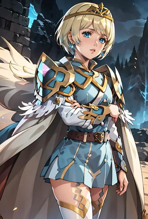(masterpiece, best quality), 1girl,    <lora:FjormFE:0.8> FjormFE, 1girl, solo, short hair, blue eyes, blonde hair, two-tone hair, blue hair, thighhighs, long sleeves, dress, jewelry, earrings, belt, cape, armor, blue dress, short dress, tiara, crown, shoulder armor, feather trim
