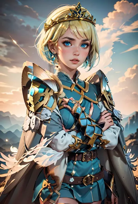(masterpiece, best quality), 1girl, <lora:FjormFE:0.8> FjormFE, 1girl, solo, short hair, blue eyes, blonde hair, two-tone hair, blue hair, thighhighs, long sleeves, dress, jewelry, earrings, belt, cape, armor, blue dress, short dress, tiara, crown, shoulder armor, feather trim