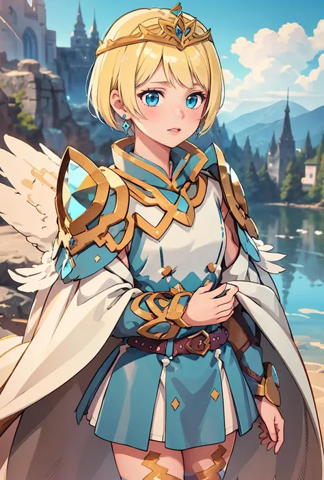 (masterpiece, best quality), 1girl, <lora:FjormFE:0.8> FjormFE, 1girl, solo, short hair, blue eyes, blonde hair, two-tone hair, blue hair, thighhighs, long sleeves, dress, jewelry, earrings, belt, cape, armor, blue dress, short dress, tiara, crown, shoulder armor, feather trim