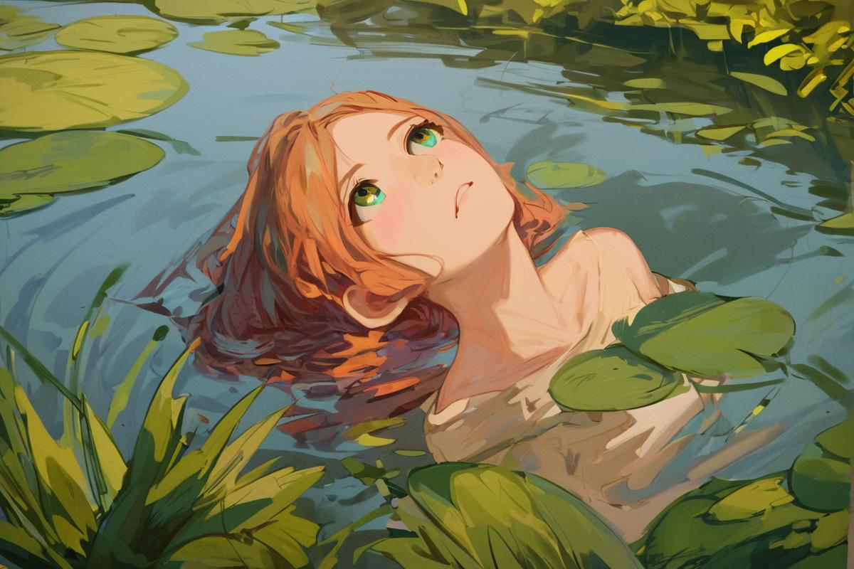 Anime girl in a pond with lily pads and water lilies - SeaArt AI