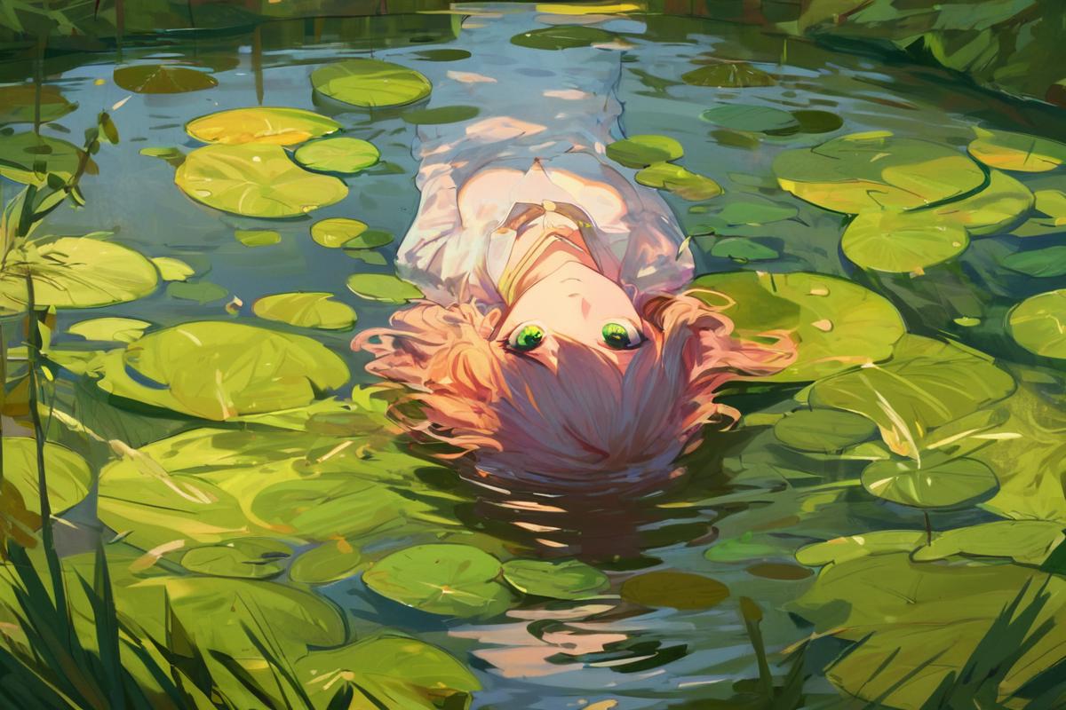 Painting of a woman floating in a pond with lily pads - SeaArt AI