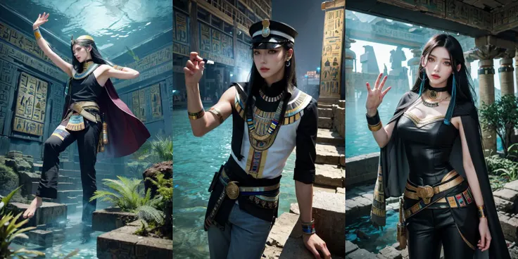highly insanely detailed, masterpiece, top quality, best quality, highres, 4k, 8k, RAW photo, 
((ancient egyptian theme:1.2)), Hong Kong structure, building, structure, taiwan, korean, 
swirling energy, 
tentacle, 
(underwater), 
reflection, reflective floor, 
abandoned building, overgrown with vegetation, [volumetric fog], cinematic lighting, colorful, colourful, 
(long_hair, long hair, random colors hair, glowing hair, hair over one eye, long messy hair), 
(eyelashes, eyeliner, eyeshadow, eyelashes, long eyelashes), 
collar, earrings, jewelry, necklace, armlet, 
nsfw, 
cleavage, perfect body, makeup, 
action pose, 
drunk, biting, 
dawn, 
<lora:zs_Raidou:1>, raidoudsrk, shako cap, gakuran, pants, cape, holster