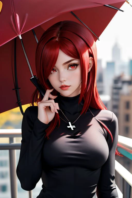 young girl, solo, looking at viewer, medium-full shot, parasoul, breasts, sweater, umbrella, cross necklace, red eyes, <lora:Parasoul Skullgirls:1>