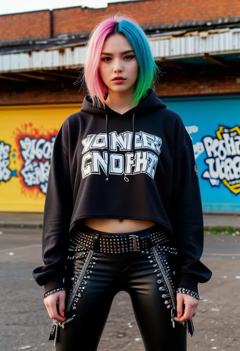 score_9, score_8_up, score_7_up, 1girl (medium full shot) of (supermodel young woman:1.1) punk chinese, dark eyes, fair skin, petite, wearing a oversized graphic hoodie,black leather pants, rainbow-colored tousled hair cascading over her shoulders, studded belt, bending forward, masculine pose, pitiful, shocker (gesture), in a crumbling abandoned building on the outskirts of Brixton, its walls covered in political slogans, anarchist graffiti, and makeshift murals, Here, squatters, activists, and punks gather to organize protests, plan direct actions, and build solidarity in the fight against gentrification and injustice, at sunset, Masterpiece,best quality, photorealistic, amazing quality, very aesthetic, extremely detailed face