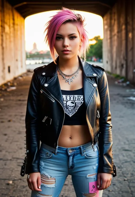 score_9, score_8_up, score_7_up, 1girl (medium full shot) of (angelic young woman:1.1) punk brazilian, brown eyes, tan skin, athletic build, wearing a cropped leather biker jacket with studs and spikes,distressed skinny jeans, neon-pink hair styled into messy waves with a bandana tied around her head, spiked dog collar necklace, glamour pose, looking away from camera, introverted, beckoning, in a makeshift skate park hidden beneath the arches of a railway bridge, its ramps and rails adorned with stickers, tags, and patches from local punk bands and DIY collectives, Here, skaters, punks, and outcasts come together to shred, slam, and defy the rules of the concrete jungle, at sunset, Masterpiece,best quality, photorealistic, amazing quality, very aesthetic, extremely detailed face