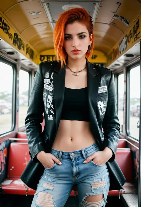 score_9, score_8_up, score_7_up, 1girl (medium full shot) of (esthetic young woman:1.1) punk arabian, green eyes, olive skin, curvy, wearing a deconstructed blazer with safety pin accents,ripped acid wash jeans, fiery orange undercut hair with shaved sides, Doc Martens boots, __cf-punk/accessories__,dark lipstick, arms up, looking up, adoring,shrugging, in a punk-themed bus, converted from an old school bus and adorned with graffiti, band posters, and anarchic slogans, Passengers step aboard to find themselves immersed in a rebellious atmosphere, with punk music blaring from speakers and the interior decked out in DIY punk decor, Masterpiece,best quality, photorealistic, amazing quality, very aesthetic, extremely detailed face