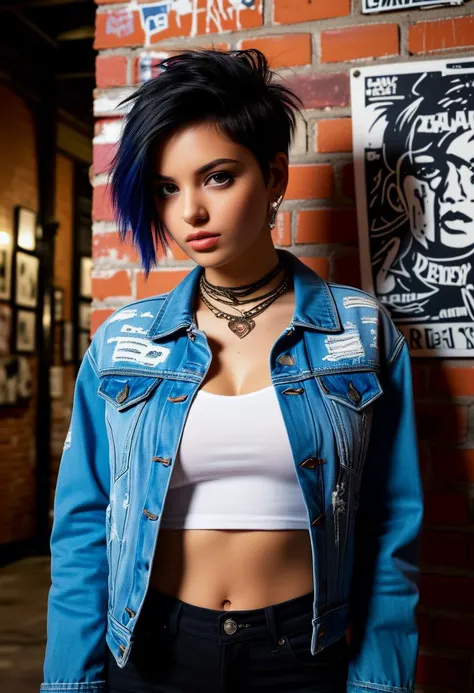 score_9, score_8_up, score_7_up, 1girl (medium full shot) of (desirable young woman:1.1) punk italian, green eyes, olive skin, curvy, wearing a oversized denim jacket with graffiti art motifs,ripped black skinny jeans, deep shade of indigo hair styled into a messy pixie cut with shaved designs, nose ring, adjusting her collar, sunbathing, annoyed, cunnilingus gesture, in an industrial-style loft, featuring exposed brick walls, metal beams, and concrete floors, with vintage concert posters and punk band memorabilia adorning the space, at night, Masterpiece,best quality, photorealistic, amazing quality, very aesthetic, extremely detailed face