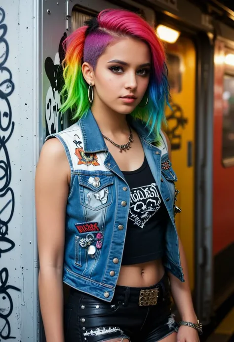 score_9, score_8_up, score_7_up, 1girl (medium full shot) of (angelic young woman:1.1) punk arabian, green eyes, olive skin, curvy, wearing a patched denim vest over a graphic t-shirt,black leather pants, vibrant rainbow ombre spiked messy hair, adorned with safety pins and tiny skulls, leaning back against a wall, horns pose, lonely,heart tail duo, in a graffiti-tagged train carriage hurtling through the urban landscape, its windows rattling with the bass of punk rock anthems blaring from tinny speakers, Inside, passengers find themselves surrounded by the chaotic energy of the punk scene, while servers with brightly colored hair and piercings deliver eclectic fare with a side of counterculture attitude, at night, Masterpiece,best quality, photorealistic, amazing quality, very aesthetic, extremely detailed face