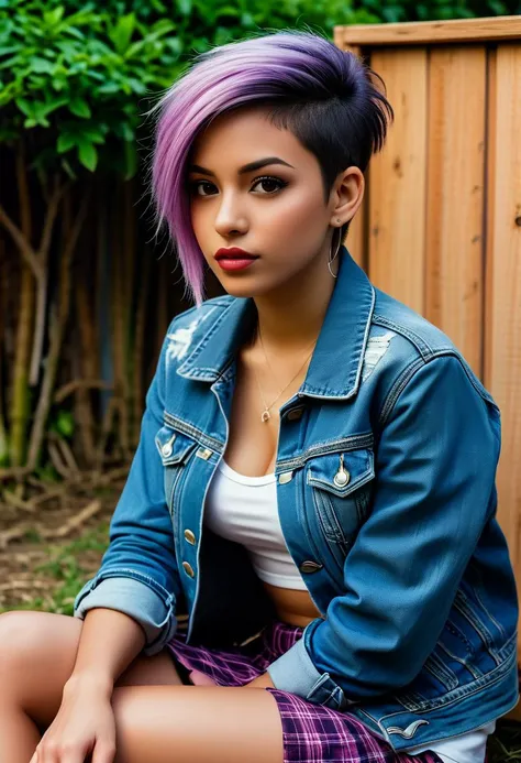 score_9, score_8_up, score_7_up, 1girl (medium full shot) of (sexy young woman:1.1) punk brazilian, brown eyes, tan skin, athletic build, wearing a patched denim jacket over a cropped tank top,plaid mini skirt, purple hair styled into a messy pixie cut with shaved designs, dark lipstick, sitting with back arched, finger heart, jovial,orchid fingers, in a grimy outdoor cinema, featuring a makeshift screen hung between two trees and surrounded by weathered bean bags and upturned crates, Punk documentaries and cult classics are screened late into the night, attracting a motley crew of cinephiles and miscreants, at night, Masterpiece,best quality, photorealistic, amazing quality, very aesthetic, extremely detailed face