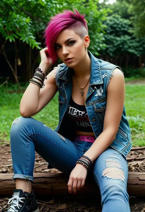 score_9, score_8_up, score_7_up, 1girl (medium full shot) of (attractive young woman:1.1) punk arabian, green eyes, olive skin, curvy, wearing a patched denim vest over a shredded crop top,acid-washed skinny jeans, bright fuchsia pink half-shaved haircut, spiked bracelets, confident stance, feminine pose, pitiful, fellatio gesture, in a secluded bonfire pit, hidden in a corner of the park surrounded by overgrown bushes and discarded beer cans, Punks gather around the flickering flames, sharing stories and strumming guitars, their anarchic spirit reflected in the crackling fire, at night, Masterpiece,best quality, photorealistic, amazing quality, very aesthetic, extremely detailed face