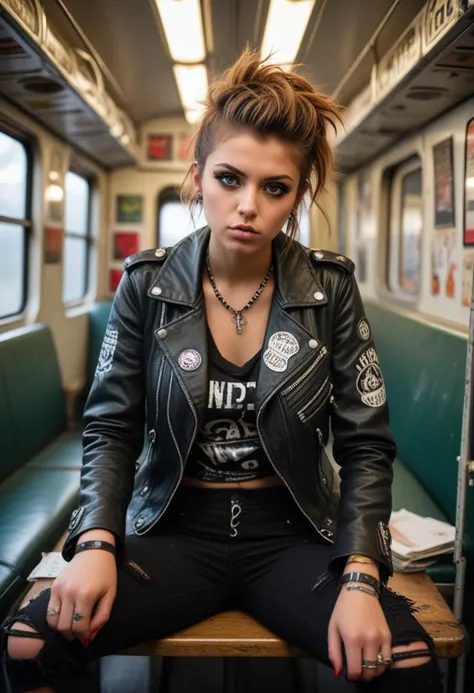 ((fashion photography)), perfect face, perfect eyes, (medium full shot) of (gorgeous punk) young woman, italian, green eyes, tan skin, tiny, wearing a black leather biker jacket covered in punk band pins,distressed skinny jeans,knee-high lace-up boots, brown messy curled hair, nose piercing, smudged eyeliner,plethora of chunky silver rings, set in a punk-themed train compartment, decked out with DIY decor crafted from recycled materials and adorned with anarchist slogans and protest art, Passengers huddle together in the cramped space, sharing stories and swapping zines, while servers clad in patch-covered jackets dish out unconventional eats inspired by punk ethos, surprised, open mouth, pointing her finger at the viewer, masterpiece, best quality, photorealistic, very aesthetic