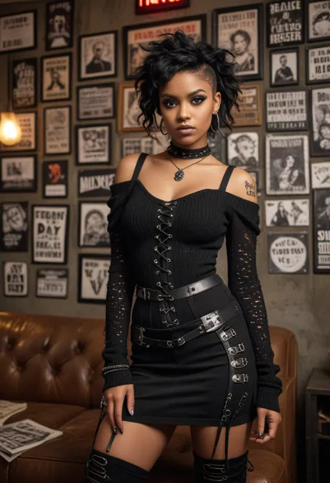 ((fashion photography)), perfect face, perfect eyes, (medium full shot) of (desirable punk) young woman, black american, dark eyes, dark skin, full-figured, wearing a distressed knit sweater with shredded sleeves,black corset dress with lace-up detailing, paired with mismatched knee-high socks,knee-high leather boots, jet-black messy curled hair, plethora of silver hoop earrings adorning her ears, bold winged eyeliner,mesh arm sleeves, set in a rebellion-themed living room, featuring a mishmash of vintage protest signs, DIY punk banners, and anti-establishment artwork, reflecting a spirit of defiance and resistance, at night, smiling at the viewer, masterpiece, best quality, photorealistic, very aesthetic