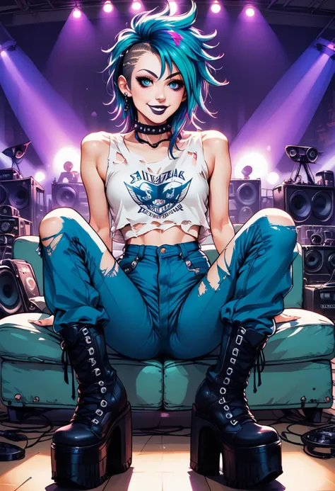 score_9, score_8_up, score_7_up, score_6_up, (desirable punk) young woman, swedish, blue eyes, fair skin, slender build, wearing a ripped mesh bodysuit ,high-waisted tartan pants,platform combat boots, fiery half shaved haircut, nose piercing, dark lipstick,spiked bracelets, set in a mosh pit-inspired living room, with a worn-out couch surrounded by concert stage props like speakers, amplifiers, and stage lights, evoking the energy of a live punk show, woman smiling, masterpiece,best quality, detailed