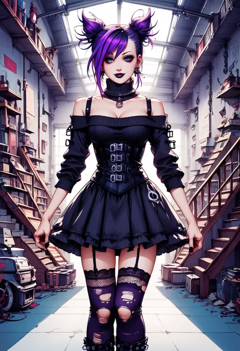 score_9, score_8_up, score_7_up, score_6_up, (supermodel punk) young woman, swedish, blue eyes, fair skin, Average build, wearing a distressed knit sweater with shredded sleeves,black corset dress with lace-up detailing, paired with torn mesh stockings,Doc Martens boots, vibrant purple hair, cone hair bun, labret piercing, dark lipstick,adorned with silver chains and safety pins, set in a grungy basement venue, accessed through a narrow staircase hidden behind an unassuming door, The low ceiling and cramped quarters create an intimate setting for punk performances, where the music reverberates off the walls and shakes the floorboards, woman smiling, masterpiece,best quality, detailed