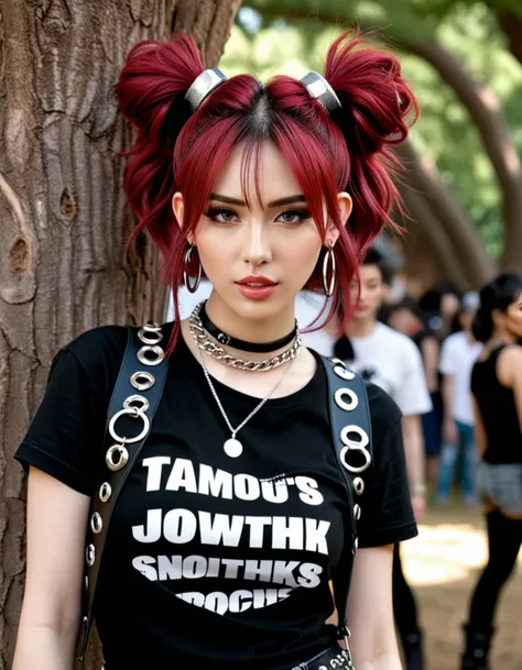 score_9, score_8_up, score_7_up,
(vivacious punk) young woman, korean, dark brown eyes, pale skin, slender build, wearing a tattered rock band t-shirt ,ripped leather pants,knee-high leather boots, red brown hair, doughnut hair bun, plethora of silver hoop earrings adorning her ears, mascara,chunky chain necklace,plethora of chunky silver rings,spiked choker, set in a makeshift DIY stage, set up under the shade of a gnarled oak tree, surrounded by amplifiers and speakers, Bands clad in leather jackets and ripped jeans perform raucous punk anthems to a crowd of moshing fans
amazing quality, ultra realistic, 3D, HD, best quality, amazing quality, very aesthetic, absurdres