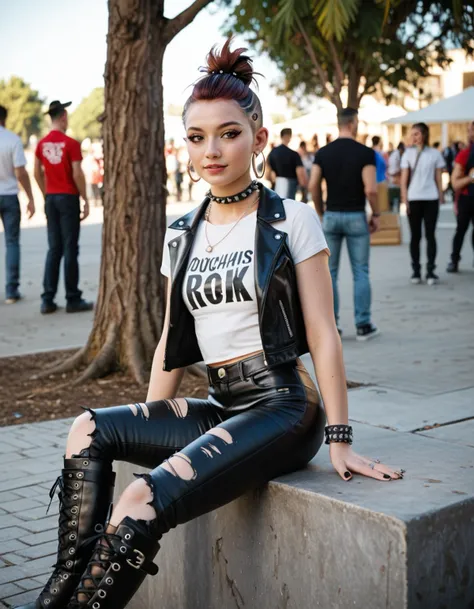 score_9, score_8_up, score_7_up,
(vivacious punk) young woman, korean, dark brown eyes, pale skin, slender build, wearing a tattered rock band t-shirt ,ripped leather pants,knee-high leather boots, red brown hair, doughnut hair bun, plethora of silver hoop earrings adorning her ears, mascara,chunky chain necklace,plethora of chunky silver rings,spiked choker, set in a makeshift DIY stage, set up under the shade of a gnarled oak tree, surrounded by amplifiers and speakers, Bands clad in leather jackets and ripped jeans perform raucous punk anthems to a crowd of moshing fans
amazing quality, ultra realistic, 3D, HD, best quality, amazing quality, very aesthetic, absurdres