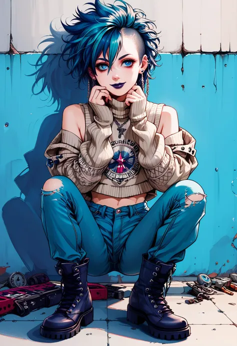 score_9, score_8_up, score_7_up, score_6_up, (lovely punk) young woman, british, bright blue eyes, light skin, Average build, wearing a distressed knit sweater with shredded sleeves,torn skinny jeans,knee-high combat boots, deep shade of indigo hair, messy space buns hair with shave sides, ear piercings, dark lipstick,adorned with silver chains and safety pins, set in a graffiti-covered skatepark nestled among urban decay, with concrete ramps, rails, and ledges adorned with colorful street art and tags, woman smiling, masterpiece,best quality, detailed