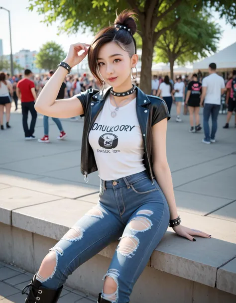 score_9, score_8_up, score_7_up,
(vivacious punk) young woman, korean, dark brown eyes, pale skin, slender build, wearing a tattered rock band t-shirt ,ripped leather pants,knee-high leather boots, red brown hair, doughnut hair bun, plethora of silver hoop earrings adorning her ears, mascara,chunky chain necklace,plethora of chunky silver rings,spiked choker, set in a makeshift DIY stage, set up under the shade of a gnarled oak tree, surrounded by amplifiers and speakers, Bands clad in leather jackets and ripped jeans perform raucous punk anthems to a crowd of moshing fans
amazing quality, ultra realistic, 3D, HD, best quality, amazing quality, very aesthetic, absurdres