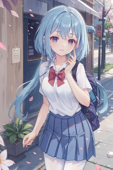 1girl, griseo, solo, school uniform, white shirt, sweater, pleated skirt, white pantyhose, light smile, looking at viewer, outdoors, street, cherry blossoms, petals, depth of field