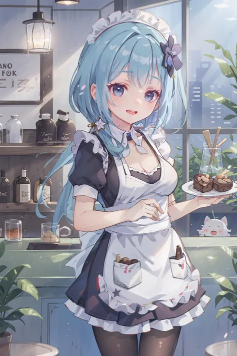 1girl, griseo, solo, maid, maid headdress, maid apron, embarrassed, pantyhose, open mouth, blush, smile, open mouth, holding plate, looking at viewer, cowboy shot, bar \(place\), indoors, depth of field