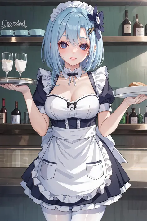 1girl, griseo, solo, maid, maid headdress, maid apron, embarrassed, pantyhose, open mouth, blush, smile, open mouth, holding plate, looking at viewer, cowboy shot, bar \(place\), indoors, depth of field