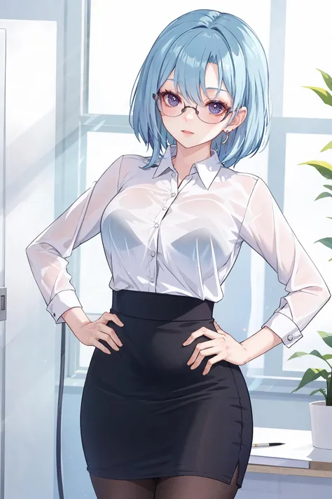 1girl, griseo, solo, office lady, white collared shirt, pencil skirt, black pantyhose, glasses, glaring, looking at viewer, hand on hip, office, indoors, depth of field