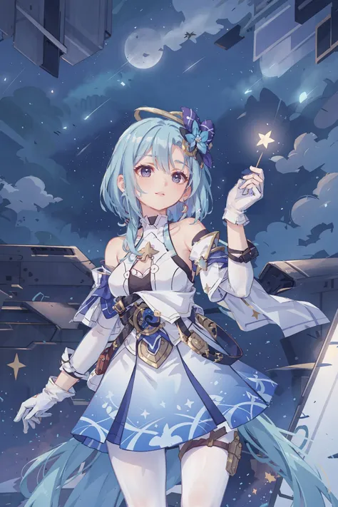 1girl, griseo, solo, white gloves, hair ornament, white pantyhose, earrings, sleeveless dress, detached sleeves, thigh strap, looking up, starry sky, shooting star, parted lips, cowboy shot, standing