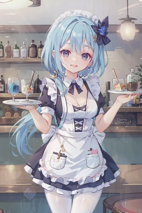 Masterpiece, best quality, (very detailed CG Unity 8k wallpaper) (best quality), (best illustration), (best shade), loli, blue lolita dress, blue hair, blue ponet, cute, kitchen, wine