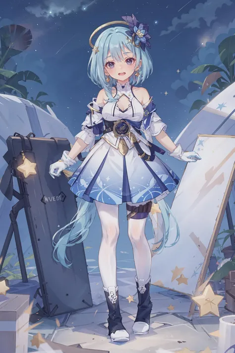 1girl, griseo, solo, white gloves, hair ornament, white pantyhose, earrings, high heel boots, sleeveless dress, detached sleeves, thigh strap, looking at viewer, starry sky, shooting star, smile, open mouth, hand to own mouth, full body, standing