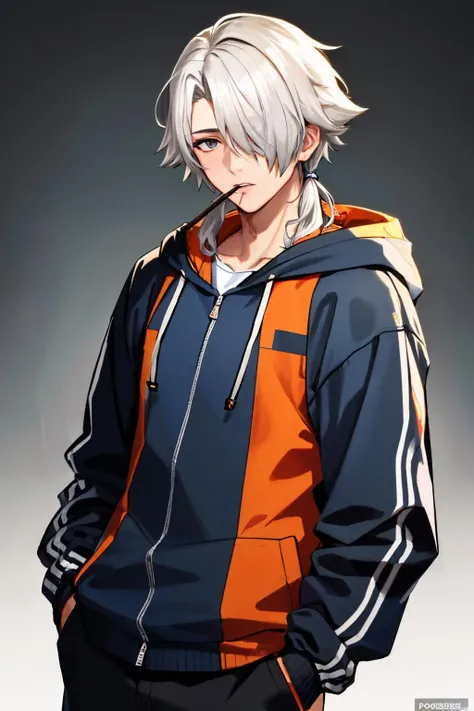 (masterpiece, best quality:1.2), solo, male focus, 1boy, pocky in mouth, looking at viewer, hand in pocket, long hair, white hair, hair over one eye, grey eyes, hooded jacket, orange hood, pants <lora:concept_pockyinmouth-10:1>