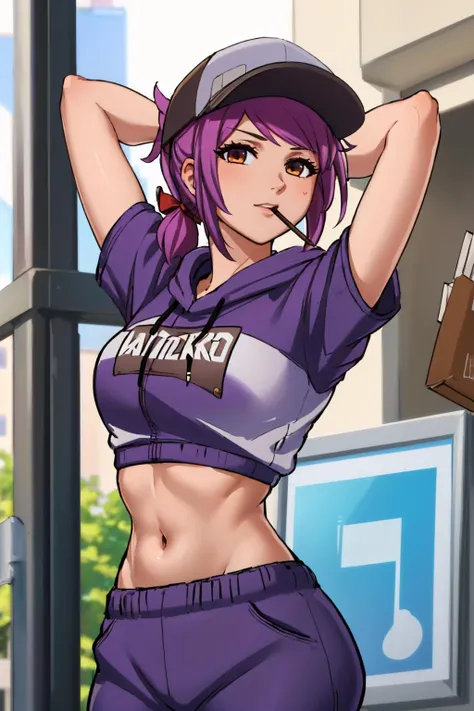 (masterpiece, best quality:1.2), solo, 1girl, leah, pocky in mouth, looking at viewer, arms behind head, ponytail, baseball cap, purple hoodie, midriff, short sleeves, shorts <lora:leah-nvwls-v1-final:0.9> <lora:concept_pockyinmouth-10:1>