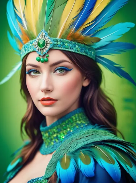 the green and blue girl with feathers, in the style of cross processing, matte photo, national geographic photo, distinctive noses, 8k resolution, vibrant mosaic, ferrania, best quality, masterpiece, highres, absurdres, incredibly absurdres, huge filesize, wallpaper, colorful,8K,RAW photo