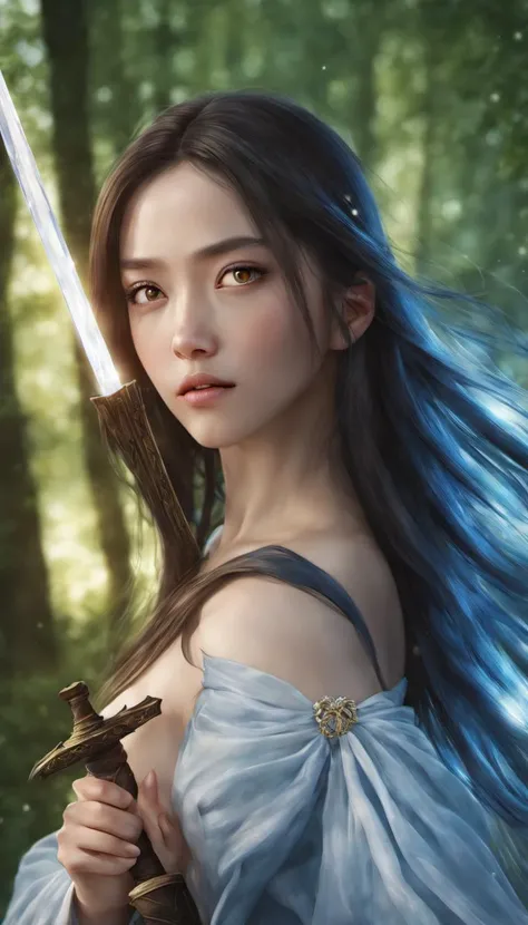 (masterpiece,best quality:1.5),photorealistic,a Chinese girl holding a sword, beautiful face,closed up,in the style of dark azure and light azure, mixes realistic and fantastical elements, vibrant manga, uhd image, glassy translucence, vibrant illustrations, ultra realistic, long hair, straight hair, portrait, mysterious forest, firefly, bokeh, mysterious, night, sky, cloud