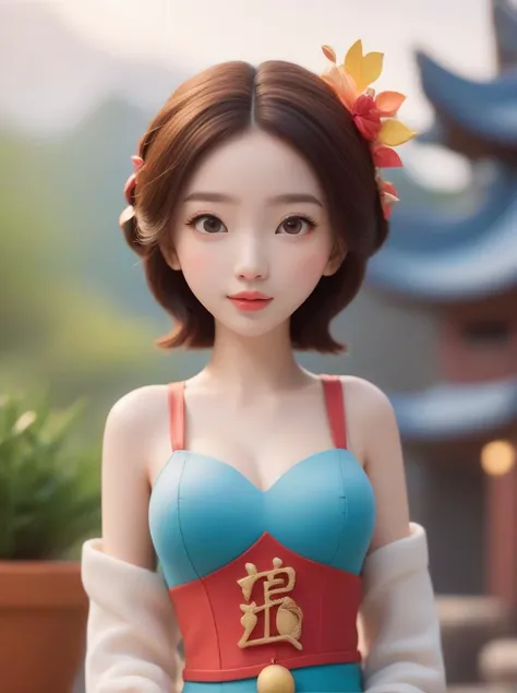 Cute naked Chinese god of wealth, She has a happy smile on her face, Chinese style, 3d, Octane Rendering, Simple Background,Full body portrait, Cinema Lighting, Volumetric Light, Soft and sophisticated colors, Pixar Style, Bubble Mart, 3d,