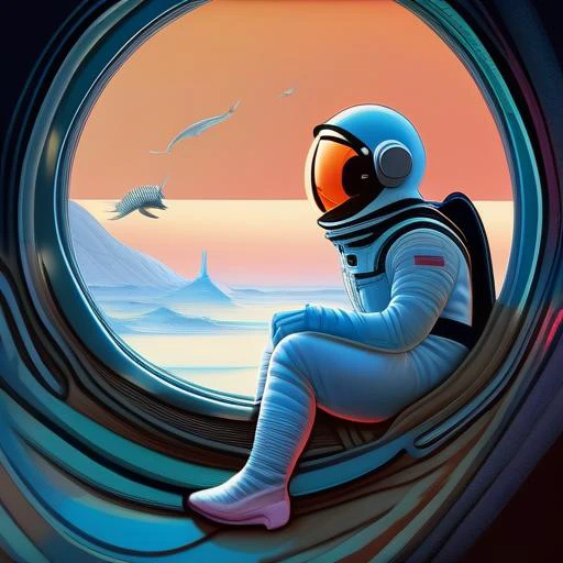 "realistic detailed image of an cosmonaut alone in the tundra next to whale skeleton in the style of Francis Bacon, Surreal, Norman Rockwell and James Jean, Greg Hildebrandt, and Mark Brooks, triadic color scheme, By Greg Rutkowski, in the style of Francis Bacon and Syd Mead and Edward Hopper and Norman Rockwell and Beksinski, open ceiling, highly detailed, painted by Francis Bacon, painted by James Gilleard, surrealism, airbrush, Ilya Kuvshinov, WLOP, Stanley Artgerm, very coherent, art by Takato Yamamoto and James Jean" abstract dream, space, intricate, grand scale, alone, cinematic film still, insane detail, sharp focus, depth of field, realistic lighting, (realistic perspective), complex, (multiple subjects), 4k HDR