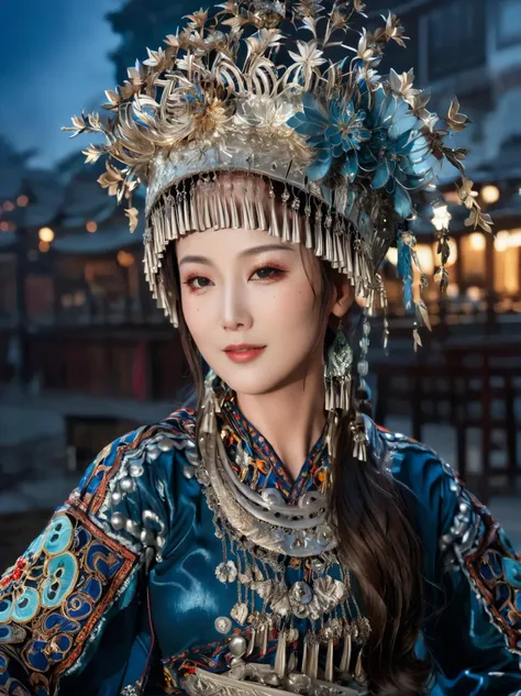 open eyes,smile,huge breasts,In a vast and starry sky,a young Chinese woman in an elegant celestial blue robe floats effortlessly. The robe is made of a fine silk that billows and ripples as she moves,almost dissolving into the vaporous skyscape. Intricate gold embroidered patterns adorn her sleeves and hem,adding a touch of elegance and sophistication. Wisps of fog swirl around her like silky veils,creating a sense of mystery and intrigue,
(High quality, Superb lighting, Highly detailed, Sharp focus, 8K UHD, masterpiece art),<lora:miaolan2-aki-000008:1>,