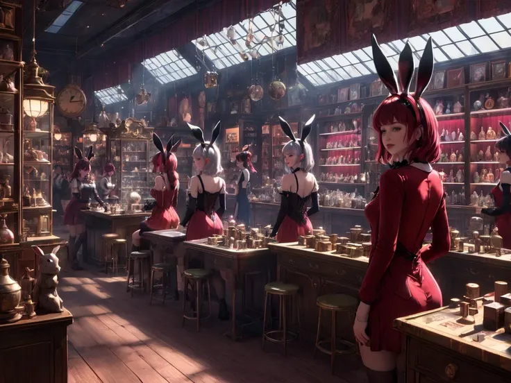 a row of girls at an antique store, in the style of dark silver and light crimson, lo-fi aesthetics, sparklecore, the snapshot aesthetic, holography, rustic charm, vintage aesthetics, <lora:bunnyfishnet_SDXL_reg1_:0.8> bunnyfishnet, bunny_ears,(upper body:1.5), best quality, masterpiece, highres, absurdres, incredibly absurdres, huge filesize, wallpaper, colorful,8K,RAW photo