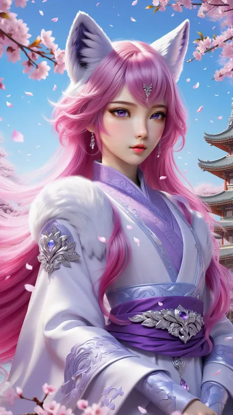 masterpiece,best quality,official art,extremely detailed,cg,8k,wallpaper,(flying petals),(detailed ice),crystals,texture skin,cold expression,((fox ears)),pink hair,long,hair,messy hair,purple eye,looking at viewer,extremely delicate and beautiful,((beauty detailed eye)),highly,detailed,cinematic,lighting,(beautiful face),fine water surface,(original figure painting),ultra- detailed,incredibly detailed,(an extremely delicate and beautiful),beautiful detailed eyes,(best quality),full body,standing,outdoors,cherry blossoms,east asian architecture,cowboy shot,