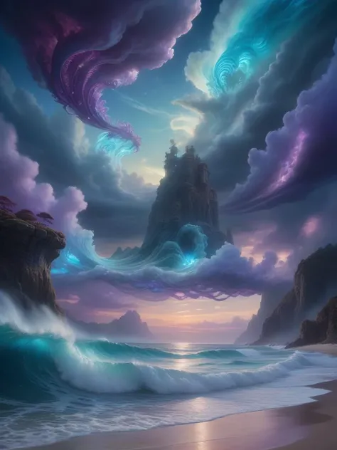 an imaginative landscape where the sea merges with the sky, bioluminescent creatures flying between the waves and clouds, surreal, otherworldly, (glowing effects:1.6), (ethereal atmosphere:1.3), colors shifting from deep blues to vibrant purples, digital art by James Gurney, 4K resolution, dreamlike, high detail, ethereal, fantastical