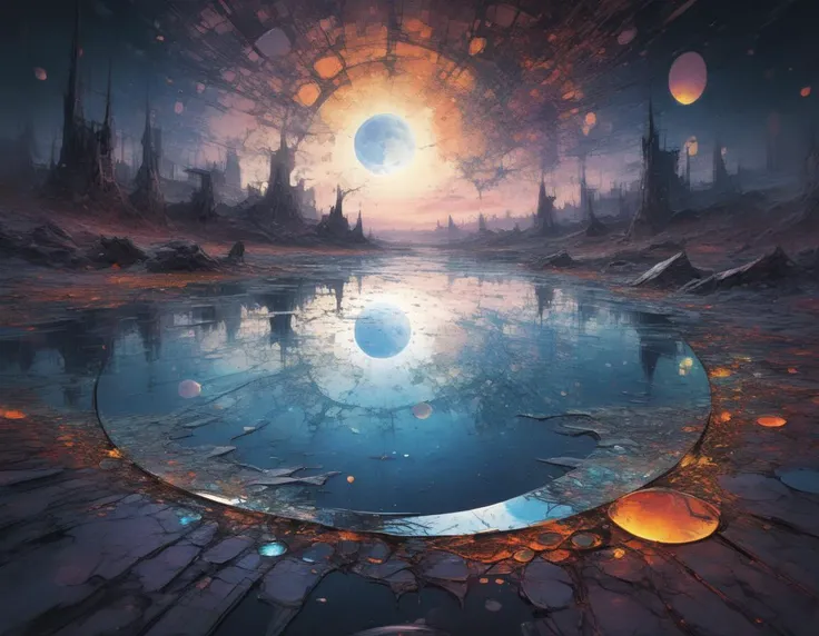 Moon river, broken mirror reflecting surroundings, RTX, perspective view, extreme angle,
ultra detailed abstract photography of liquid longing, asymmetrical , glowing color exploding cell shading, fractal algorithm
Digital painting, artistic, colorful, volumetric lighting, detailed, realistic,