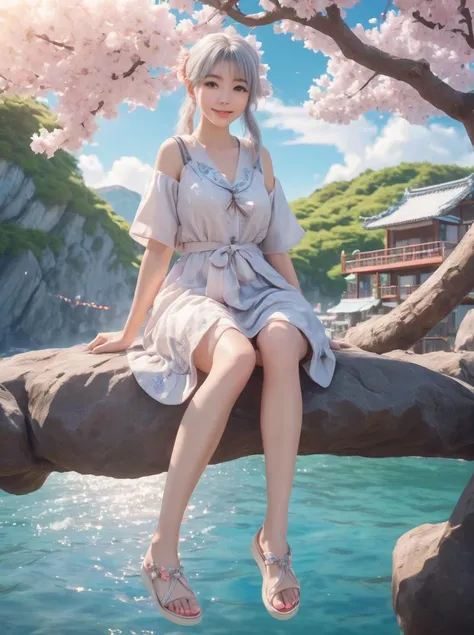 mid shot, full body, looking at the viewer, camera from below, cinematic lighting, 1girl sitting on a rock, smile, varying perspectives, beautiful harbor, pastel color, summer, beautiful landscape, detailed landscape, landscape with trees, white summer dress, barefoot sandals, bracelet, bucket_hat, thigh_strap, necklace, sakura tree, white clouds, silver hair, pony tail, medium hair, best quality, masterpiece, highres, absurdres, incredibly absurdres, huge filesize, wallpaper, colorful,8K,RAW photo