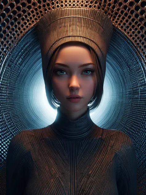 a girl with detailed eyes in metal tunnel lit up by a light, in the style of textured surface layers, woven/perforated, ceramic, data visualization, smooth curves, circular shapes, urban minimalism,cowboy shot,  <lora:nudify_xl:0.25> topless, best quality, masterpiece, highres, absurdres, incredibly absurdres, huge filesize, wallpaper, colorful,8K,RAW photo