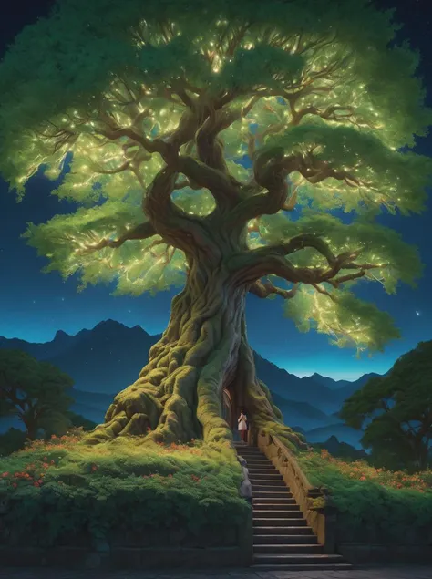 style-nebmagic,modelshoot style,(extremely detailed CG unity 8k wallpaper),full shot body photo of the most beautiful artwork in the world,a magical world tree at night,Yggadrasil World tree grows into style-nebmagic,professional majestic oil painting by Ed Blinkey,Atey Ghailan,Studio Ghibli,by Jeremy Mann,Greg Manchess,Antonio Moro,trending on ArtStation,trending on CGSociety,Intricate,High Detail,Sharp focus,dramatic,photorealistic painting art by midjourney and greg rutkowski,, best quality, masterpiece, highres, absurdres, incredibly absurdres, huge filesize, wallpaper, colorful,8K,RAW photo