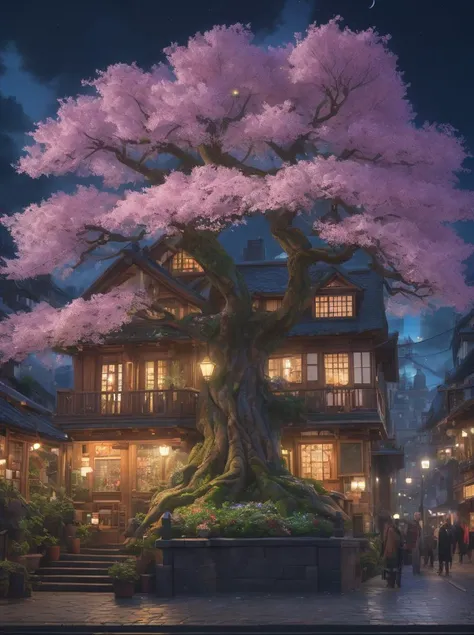 style-nebmagic,modelshoot style,(extremely detailed CG unity 8k wallpaper),full shot body photo of the most beautiful artwork in the world,a magical world tree at night,Yggadrasil World tree grows into style-nebmagic,professional majestic oil painting by Ed Blinkey,Atey Ghailan,Studio Ghibli,by Jeremy Mann,Greg Manchess,Antonio Moro,trending on ArtStation,trending on CGSociety,Intricate,High Detail,Sharp focus,dramatic,photorealistic painting art by midjourney and greg rutkowski,, best quality, masterpiece, highres, absurdres, incredibly absurdres, huge filesize, wallpaper, colorful,8K,RAW photo
