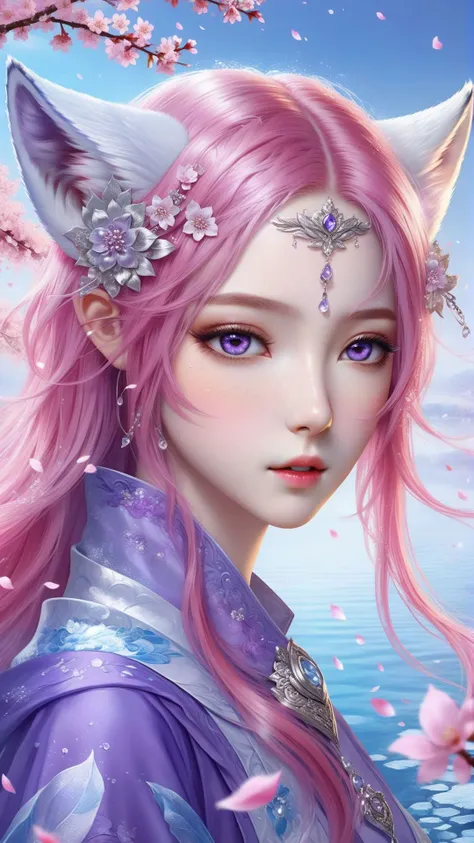 masterpiece,best quality,official art,extremely,detailed cg 8k wallpaper,(flying petals),(detailed ice),crystals,texture skin,cold,expression,((fox ears)),pink hair,long,hair,messy hair,purple eye,looking at viewer,extremely delicate and,beautiful,water,((beauty detailed eye)),highly,detailed,cinematic,lighting,(beautiful face),fine water surface,(original figure painting),ultra- detailed,incredibly detailed,(an extremely delicate and beautiful),beautiful detailed eyes,(best quality),full body,standing,outdoors,cherry blossoms,east asian architecture,cowboy shot,