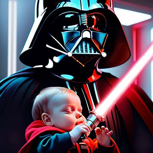 a dramatic highly detailed render of darth vader with red lightsaber drawn about to battle a cute baby, futuristic star wars vibe, by WLOP and Artgerm and Greg Rutkowski and Alphonse Mucha, Beautiful dynamic dramatic dark moody lighting, shadows, cinematic atmosphere, Artstation, concept design art, Octane render, 8K, masterpiece, sharp focus, hyperrealistic